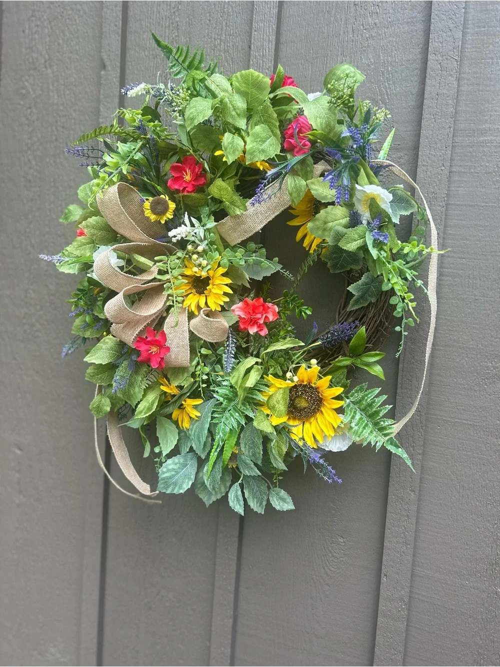 Sunflower wildflower wreath summer front door decor burlap bow wreath